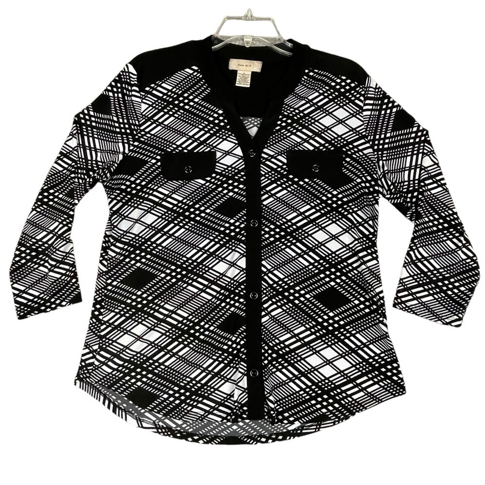 Diana Bell Black White Diagonal Print Office Attire Polished Casual Top - Sz M